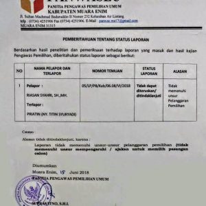 Panwaslu Keluarkan Hasil Laporan Dugaan Tindakan Politik Uang Istri Paslon, Ini Hasilnya