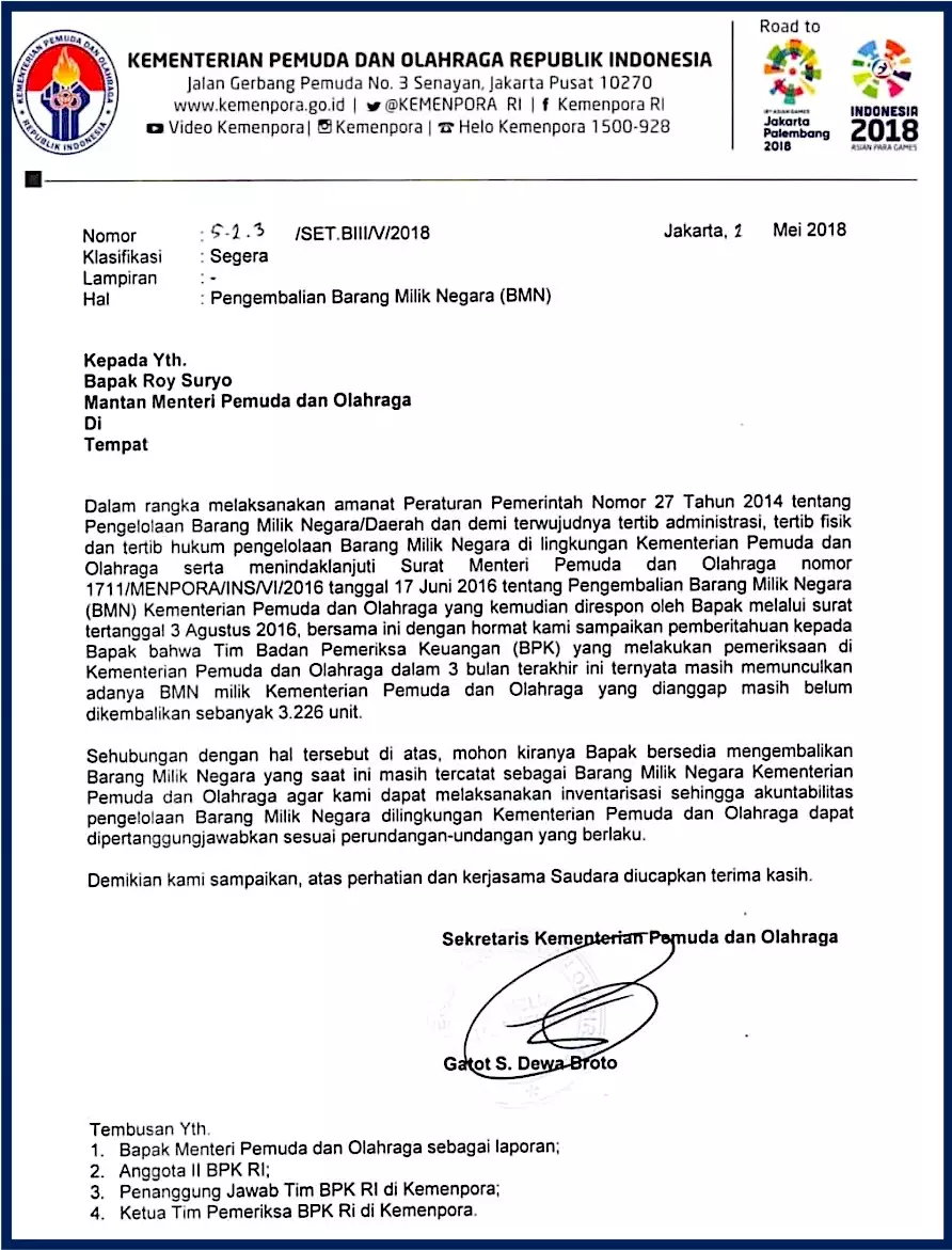 Surat Kemenpora Ungkap Roy Suryo Masih Bawa Barang Negara