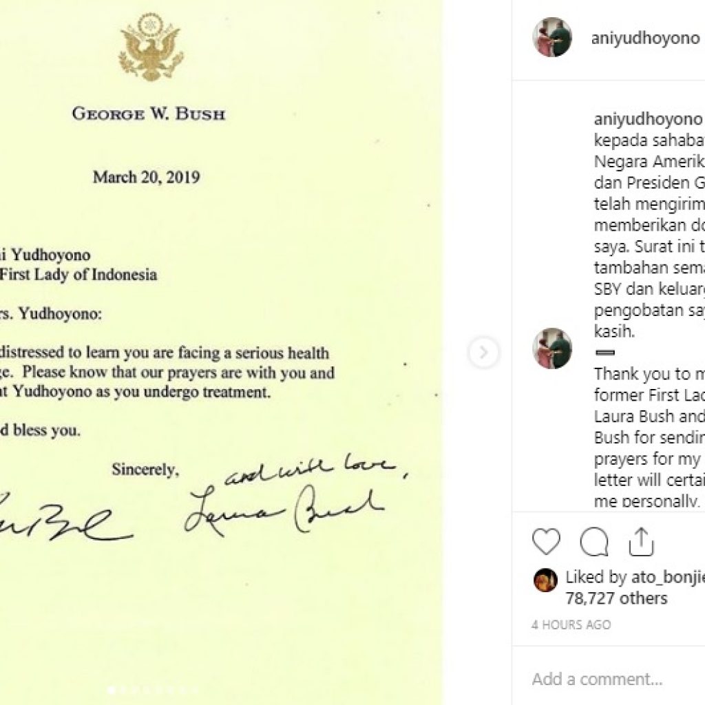 Mantan Presiden AS George W Bush Kirim Surat Doakan Kesembuhan Ani Yudhoyono