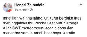 Breaking News, Percha Leanpuri Putri Sulung Gubernur Sumsel Tutup Usia