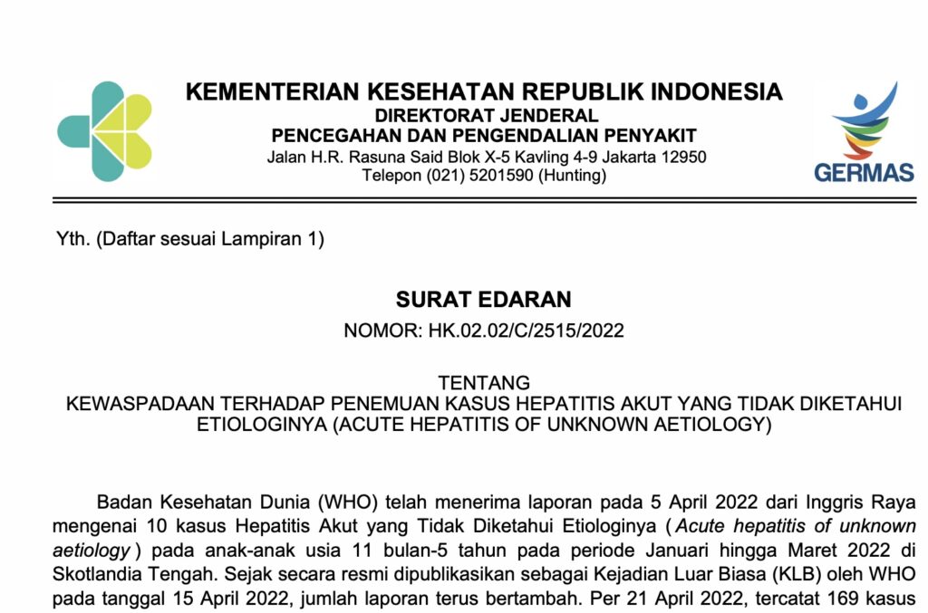 Kemenkes Terbitkan Edaran Kewaspadaan terhadap Penemuan Kasus Hepatitis Akut