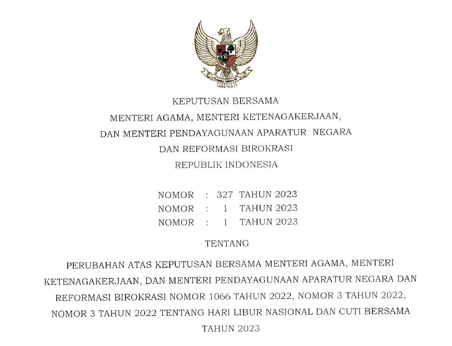 Pemerintah Terbitkan SKB Perubahan Libur Nasional dan Cuti Bersama 2023