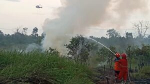 Kebakaran Lahan di Desa Rambutan, Pemadaman Libatkan Helikopter Water Bombing