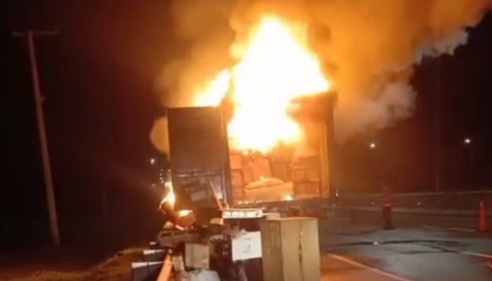 Diduga Korsleting, Bus Bermuatan Paket JNE Terbakar di KM 18 Tol Palindra